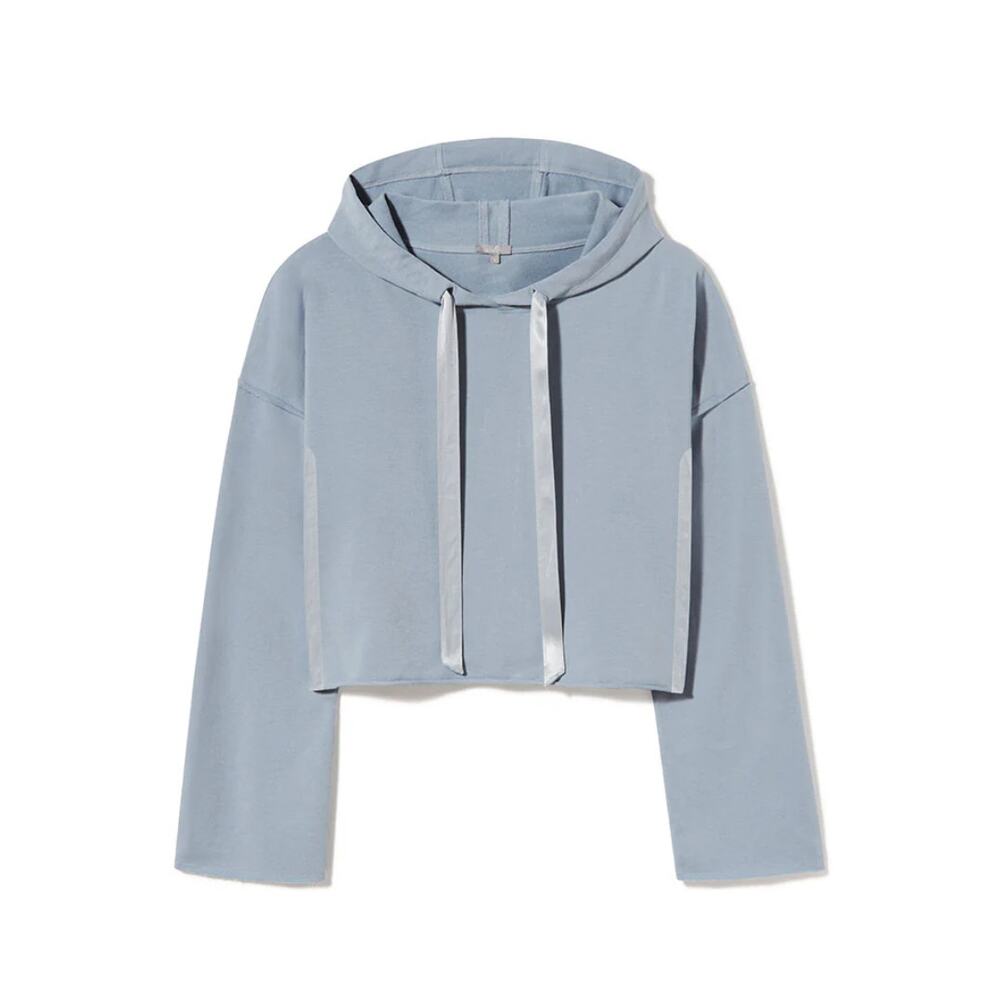 PJ HARLOW Bianca Hooded Crop Sweatshirt in Light Blue with Sating Detail Size XS